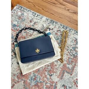 Tory Burch Navy Leather Shoulder Bag Crossbody Bag With Chain